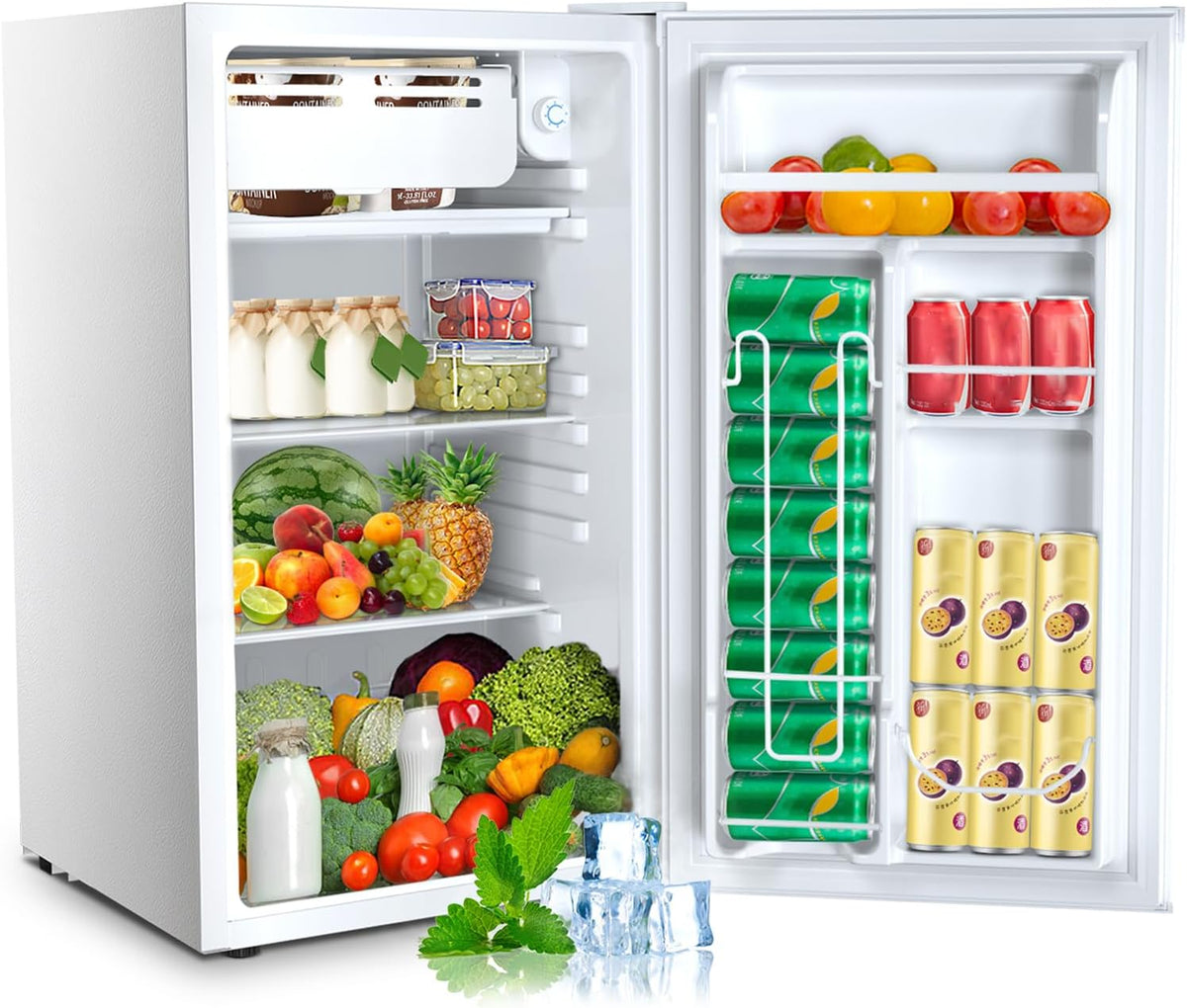 3.2 Cu.Ft Mini Fridge with Freezer, Compact Refrigerator with Reversible Single Door, Adjustable Thermostat, Low Noise, Energy Efficient for Office, Dorm, Bedroom, Apartment (WHITE)