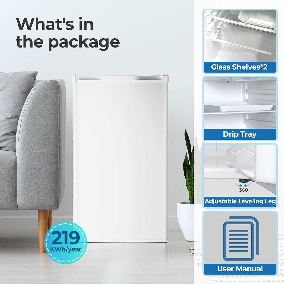3.2 Cu.Ft Mini Fridge with Freezer, Compact Refrigerator with Reversible Single Door, Adjustable Thermostat, Low Noise, Energy Efficient for Office, Dorm, Bedroom, Apartment (WHITE)