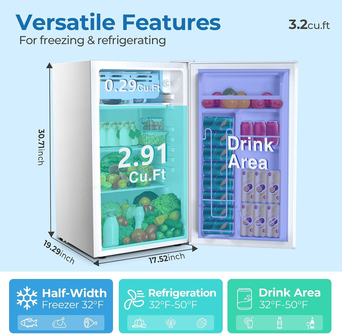 3.2 Cu.Ft Mini Fridge with Freezer, Compact Refrigerator with Reversible Single Door, Adjustable Thermostat, Low Noise, Energy Efficient for Office, Dorm, Bedroom, Apartment (WHITE)